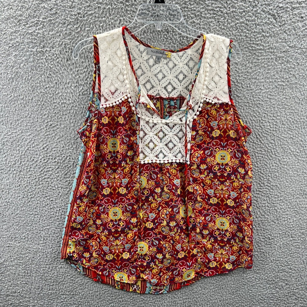 Women Boho Festival Peasant Top XL Indie Lace Trim Sleeveless Flowy Artsy Summer